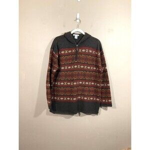 Vintage Eagles Eye Mens Wool Fair Isle Hooded Sweater M Brown Nordic 1/4 Zip 90s